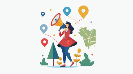 Obraz na płótnie Canvas Woman with megaphone on point dashed line map pin ico