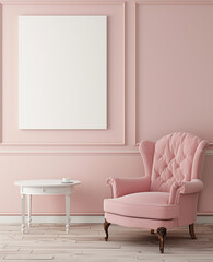 A large white blank poster frame is hanging on the wall of an empty room with light pink walls and white floor. There is a pastel coral armchair in front of it, with a small table beside the chair hol