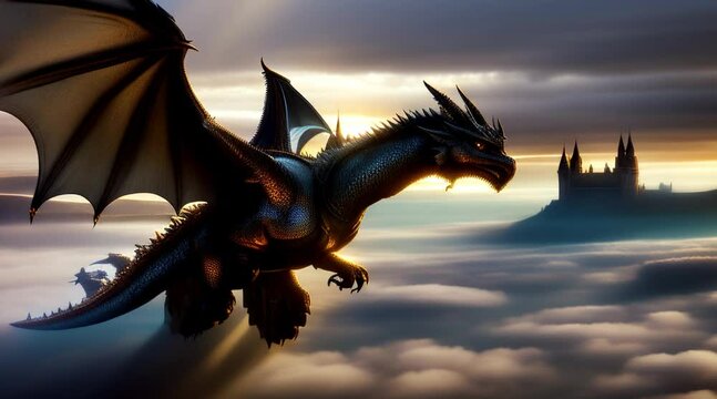 animation, motion effect,  fantastical scene with dragon, 60 fps 8 sec,
