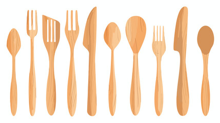Wooden cutlery on a white background. Vector illustration - obrazy, fototapety, plakaty