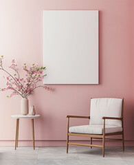 A large white blank poster frame is hanging on the wall of an empty room with light pink walls and white floor. There is a pastel coral armchair in front of it, with a small table beside the chair hol - obrazy, fototapety, plakaty