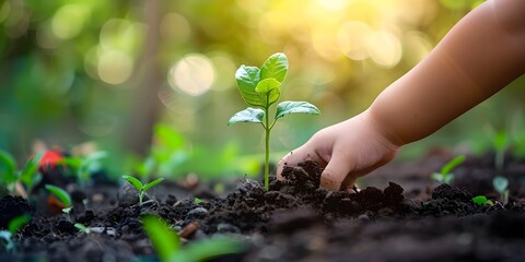 A child s hand nurturing a young seedling signifying the growth and promise of a sustainable future - obrazy, fototapety, plakaty