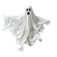  flying halloween ghost in a white sheet, png file of isolated cutout object with shadow on transparent background..