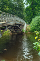 An arched wooden bridge over a park pond in summer.