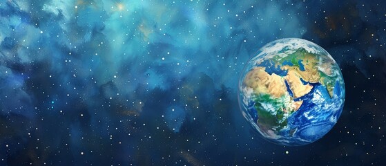 Earth as seen from space, watercolor style, high angle, stars twinkling in the background