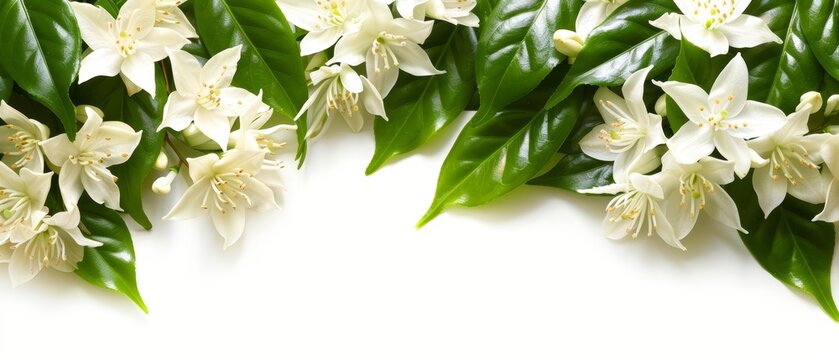   White flowers with green leaves on a white background, allowing space for text or image insertion