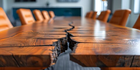 Cracked Wooden Meeting Table Symbolizing Divided Decisions and Challenges in Business or Corporate Environment