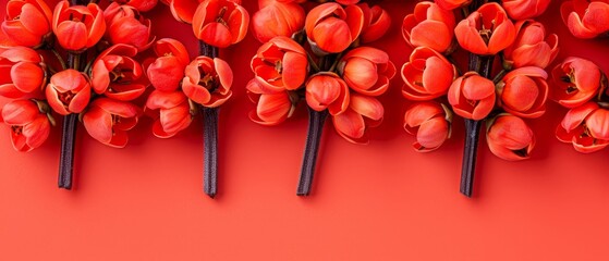   A cluster of red blossoms perched atop a scarlet background, with stems protruding from their uppermost parts - obrazy, fototapety, plakaty
