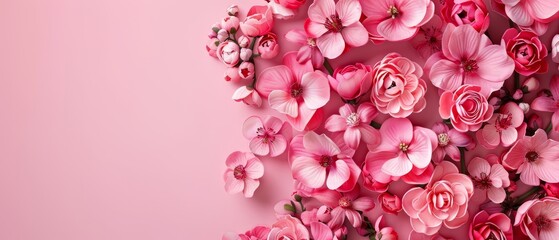   A collage of vibrant pink blossoms against a pastel pink backdrop, providing space for text or imagery on a greeting card or promotional material