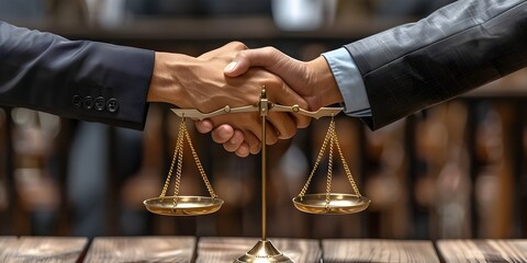 Handshake Disrupting the Scales of Justice A Visual Metaphor for Betrayal and Ethical Dilemmas - obrazy, fototapety, plakaty