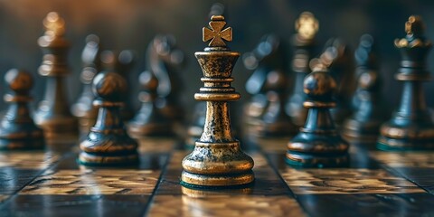 A closeup view of a chess king piece standing tall and dominant among the other chess pieces on a wooden chessboard - obrazy, fototapety, plakaty