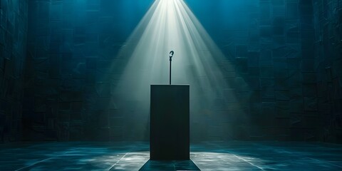 Illuminated Podium with Microphone on Stage Symbol of Leadership and Presentation - obrazy, fototapety, plakaty