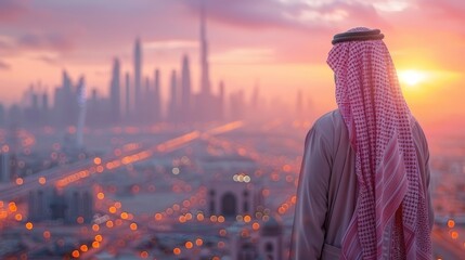   A person wearing a headscarf is captured standing before a city skyline bathed in sunset colors - obrazy, fototapety, plakaty