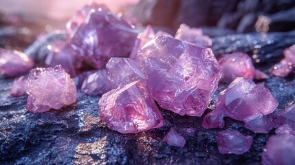   A mound of pink crystals atop a dark countertop, alongside a stack of additional pink stones