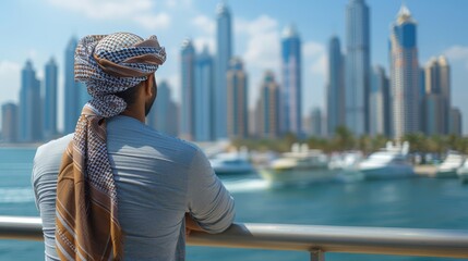   A man wearing a scarf gazes at the water beside a grand metropolis