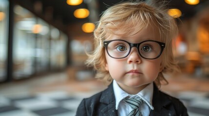   A child wearing glasses, suit, and tie, with a serious expression