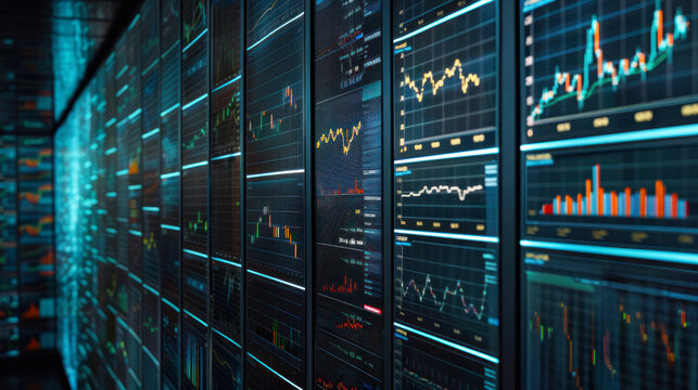 This image captures bright digital stock market data displayed on multiple high-definition screens, illustrating financial analysis