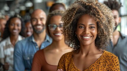   A photo of several individuals gathered together, with one woman grinning and another man gazing directly into the lens - obrazy, fototapety, plakaty