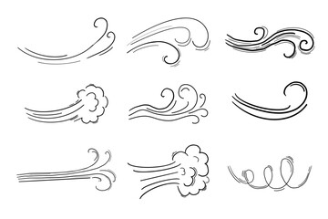 Wind motion doodle line swirl hand drawn steam weather blow isolated on white background. Atmosphere action element.