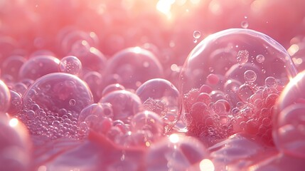   A group of buoyant bubbles floating above a vibrant blue and pink sky, with the radiant sun in the backdrop