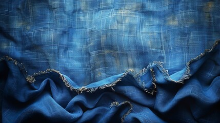   A close-up of a blue cloth with frayed edges - obrazy, fototapety, plakaty