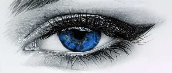   A blue eye with long lashes and a tear in the center of the iris - obrazy, fototapety, plakaty