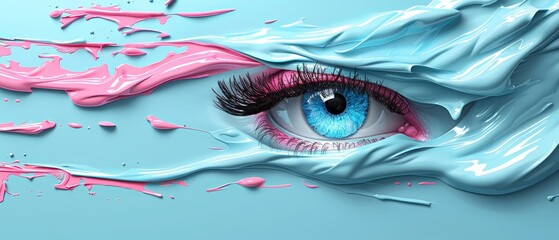   A blue eye with pink and white paint on the outside and pink and blue liquid on the outside