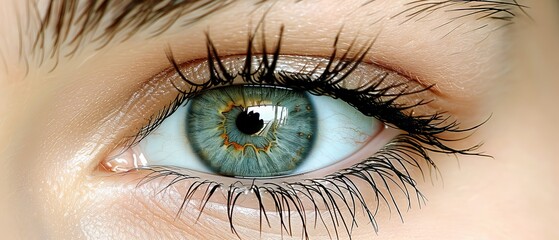   A close-up of a person's eye with blue and green eyeshadow and long eyelashes with black tips - obrazy, fototapety, plakaty