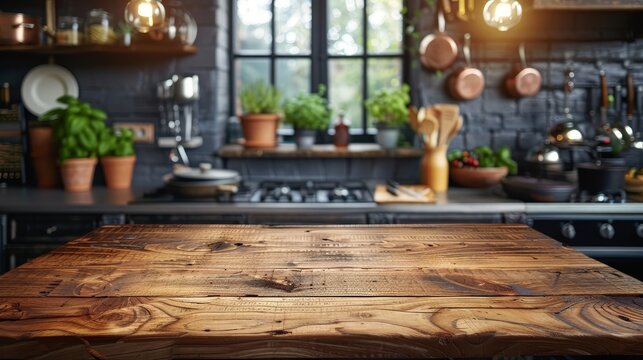  Wooden table with pots, pans & plants in the kitchen