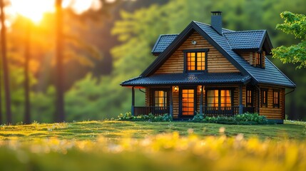   A tiny wooden abode nestled amidst a verdant field, surrounded by towering trees and bathed in sunlight streaming through its windows - obrazy, fototapety, plakaty