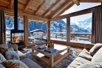 Elegant wooden chalet with fireplace Modern living room interior design with mountain view by AI generated image - obrazy, fototapety, plakaty