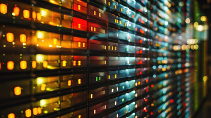 Server racks emit glowing lights with streams of financial trading data symbolizing high-speed information technology - obrazy, fototapety, plakaty