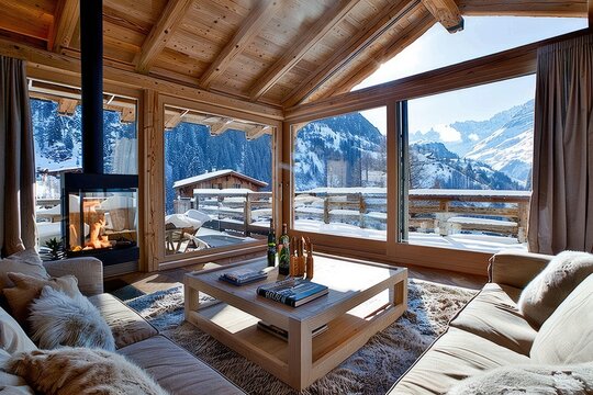 Elegant wooden chalet with fireplace Modern living room interior design with mountain view by AI generated image