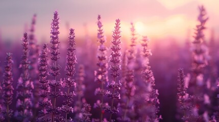   Lavender fields at dusk with a hazy sky