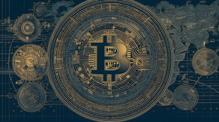 Naklejka premium bitcoin and the world map