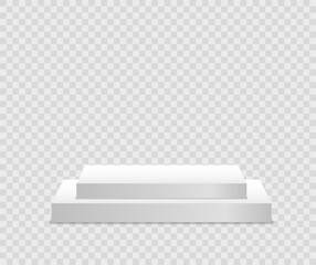 White 3d podium mockup in different shapes. Pedestal and platform, stand stage, cylinder. Template for promotional items. Round and square empty stages and podium stairs vector 3d