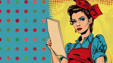 Young woman with restaurant menu in pop art style