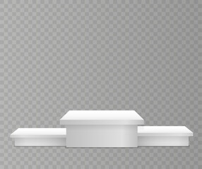 White 3d podium mockup in different shapes. Pedestal and platform, stand stage, cylinder. Template for promotional items. Round and square empty stages and podium stairs vector 3d