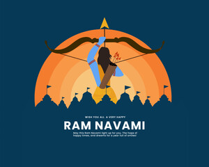 Lord Rama with bow arrow and temple background for Indian festival Ram Navmi.