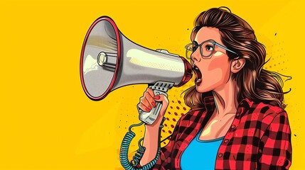 Young woman with megaphone in pop art style