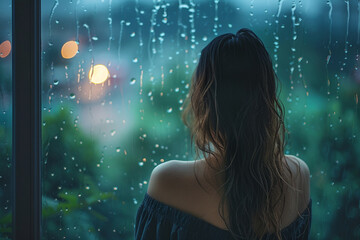 woman staring at the window with rainy day