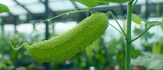  A plant's green pod sits on its stem in a lush greenhouse with surrounding foliage - obrazy, fototapety, plakaty