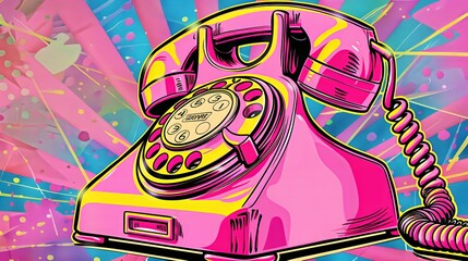 Pink old phone in pop art style