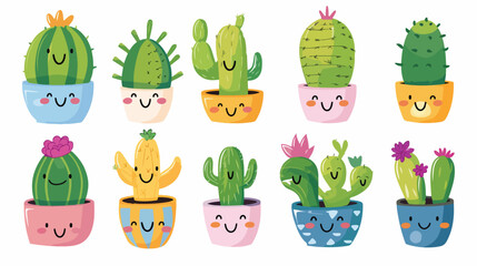 Cactus tropicals in pot plants kawaii style  flat vector