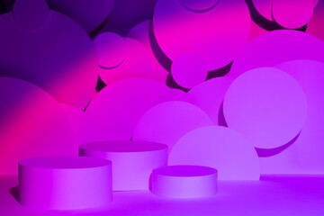 Abstract stage for presentation skin care products - three round podiums mockup in pink purple violet glowing light, bubbles fly decor. Template for showing cosmetics, goods in vr black friday style. - 770460951