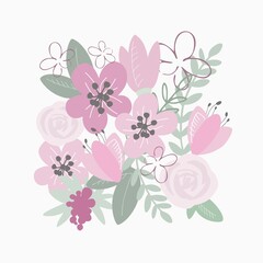 Happy Mother's Day - modern abstract poster (banner, card) in flat style. Primitive flowers and leaves with text in burgundy and menthol colors. Fashion digital illustration.