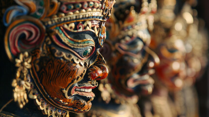 Fototapeta na wymiar Detailed view of traditional Balinese masks with vibrant colors and intricate designs as they are displayed in a row