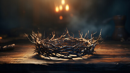 Fototapeta premium crown of thorns on a wooden table 