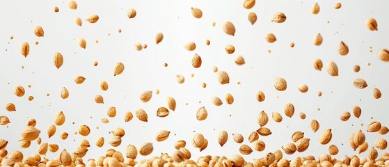   A group of peanuts falling in the air on a white background with a blue sky