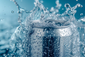 A can of soda is being poured into a glass of water, creating a splash. Concept of fun and excitement, as the soda is being poured into the water, creating a playful and refreshing moment